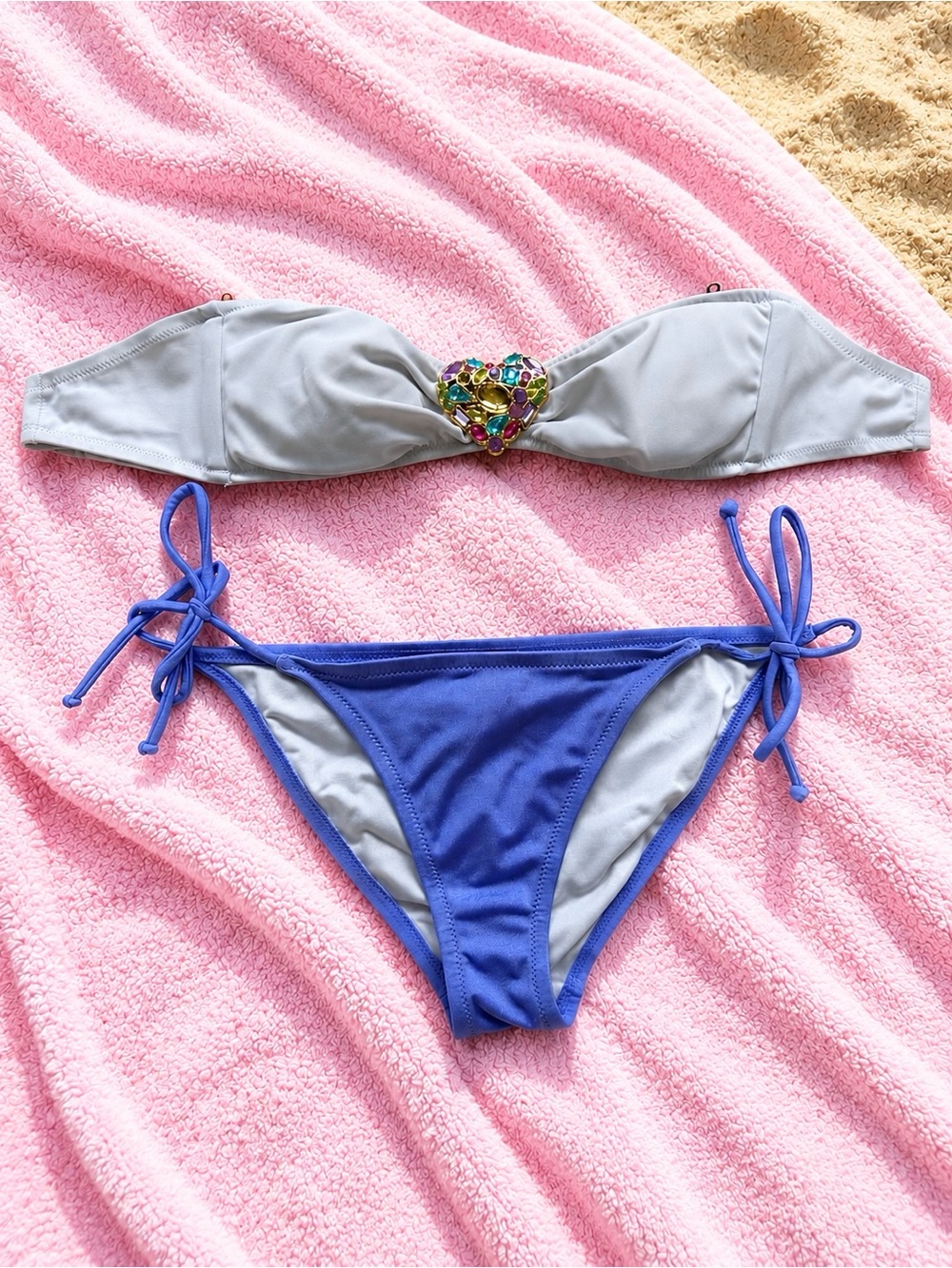 Victoria’s Secret Strapless Bikini Top with Jewel Heart & Purple Tie-Side Bottom